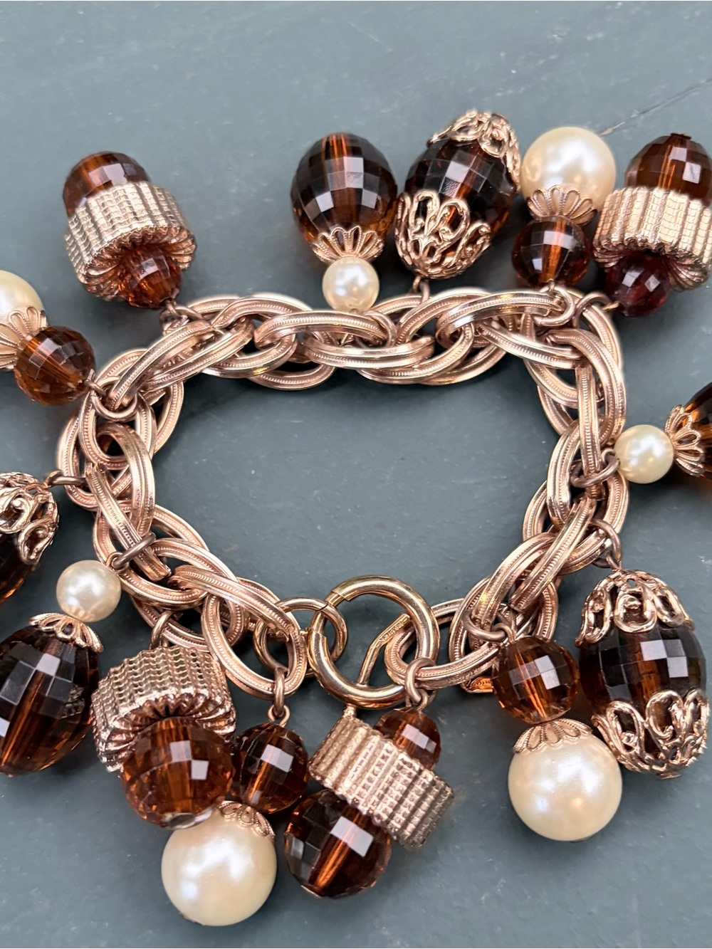 Vintage Napier Gold-Tone Bracelet with Amber Beads and Pearl Drops